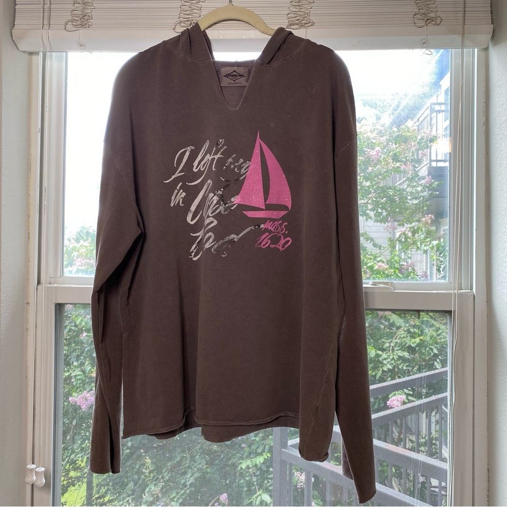 Jersey"I Left My Boat In Cape Cod" Brown Grunge Graphic Hoodie Fall Top XXL EUC